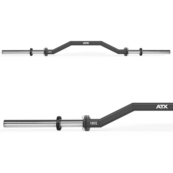 A high-angle shot of an ATX cambered Swiss bar showcases its sleek design. The black bar, labeled 16KG, features two neutral grip handles. Metal collars and sleeves adorn each end, emphasizing a perfect blend of form and function for effective workouts.