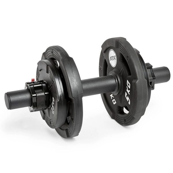An ATX® Fat Grip Dumbbell, black and adjustable with multiple weight plates on each side and a secure locking mechanism, shows 5KG marked on a plate. It is positioned on a white background.