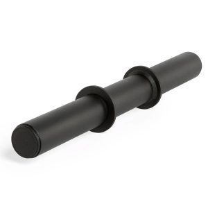 The ATX® Fat Grip Dumbbell is a black, cylindrical handle with two disk-shaped stoppers for attaching adjustable weights, ideal for strength training. It features a smooth, matte finish.