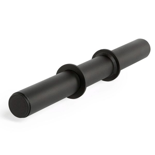The ATX® Fat Grip Dumbbell is a black, cylindrical handle with two disk-shaped stoppers for attaching adjustable weights, ideal for strength training. It features a smooth, matte finish.