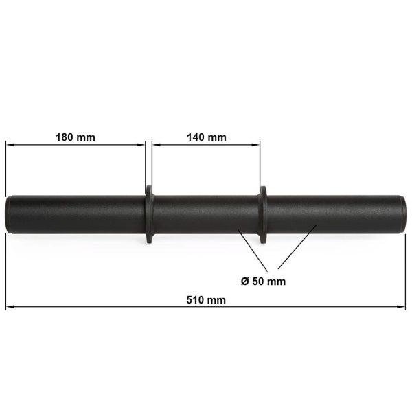 The ATX® Fat Grip Dumbbell is a black cylindrical rod, 510 mm long, featuring two marked segments of 180 mm and 140 mm with a diameter of 50 mm, displayed on a white background with labeled measurements.