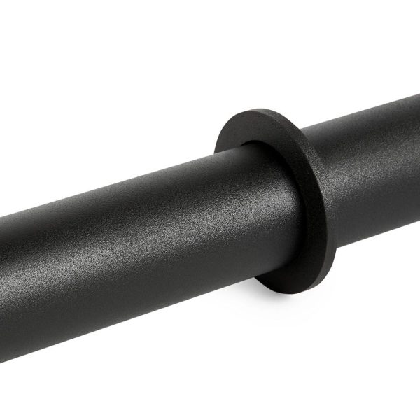Close-up of the ATX® Fat Grip Dumbbell, showcasing its black textured metal surface. A circular ring adorns the bar, similar to a weightlifting sleeve, highlighting its smooth and durable finish.