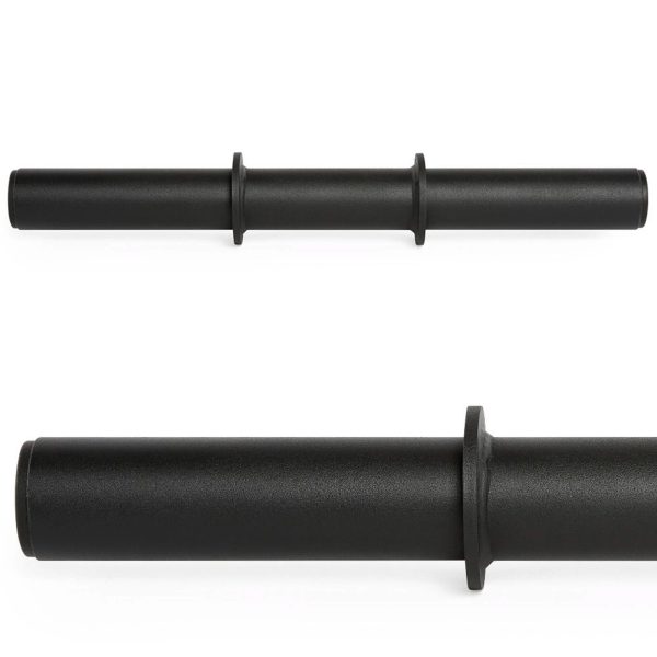 The ATX® Fat Grip Dumbbell is a black cylindrical metal bar with a textured surface and distinct circular collars along its length, shown from two angles. It is likely used as gym equipment or fitness gear.
