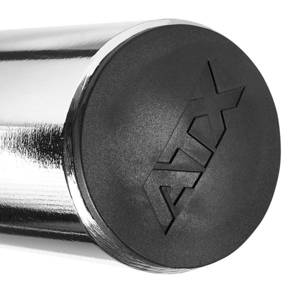 Close-up of a barbell end cap with a shiny silver finish and a black rubber end. The letters ATX are embossed on the black surface.