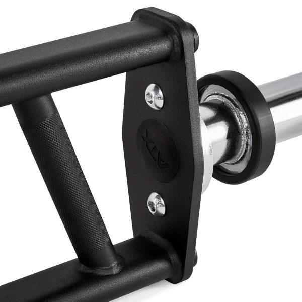 Close-up of a black and silver hex barbell with a knurled grip. The bars end cap is visible with bolts securing the handle.