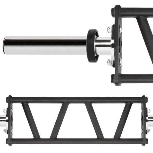 A black and silver hex barbell with a hexagonal grip frame and cylindrical handles at each end, designed for weightlifting. The frame is solid and sturdy, suitable for exercises like deadlifts and squats.