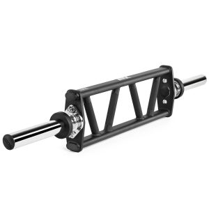 A black multi-grip barbell with silver sleeves featuring several handles for different grip positions. The bar has a rectangular frame with a rugged design, suitable for various strength training exercises.
