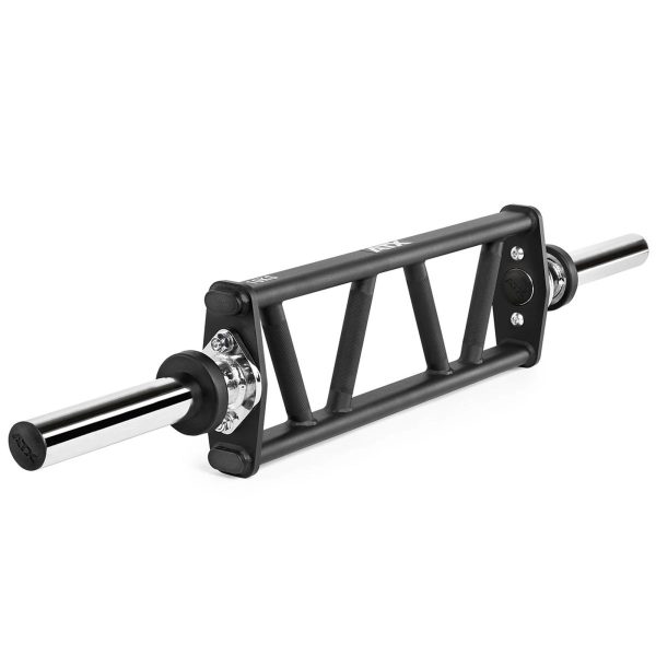 A black multi-grip barbell with silver sleeves featuring several handles for different grip positions. The bar has a rectangular frame with a rugged design, suitable for various strength training exercises.