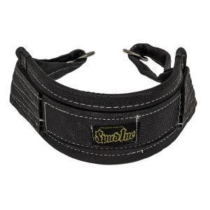 The Spud Inc Belt Squat Belt MEDIUM is a black padded belt with reinforced stitching and a metal buckle, featuring a front yellow and black logo patch.