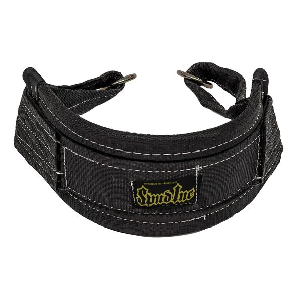 The Spud Inc Belt Squat Belt MEDIUM is a black padded belt with reinforced stitching and a metal buckle, featuring a front yellow and black logo patch.