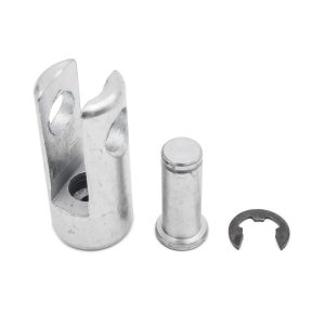 A Gym Cable 360 degree Swivel End with a metal clevis bracket, cylindrical pin, and C-shaped retaining clip shown on a white background.