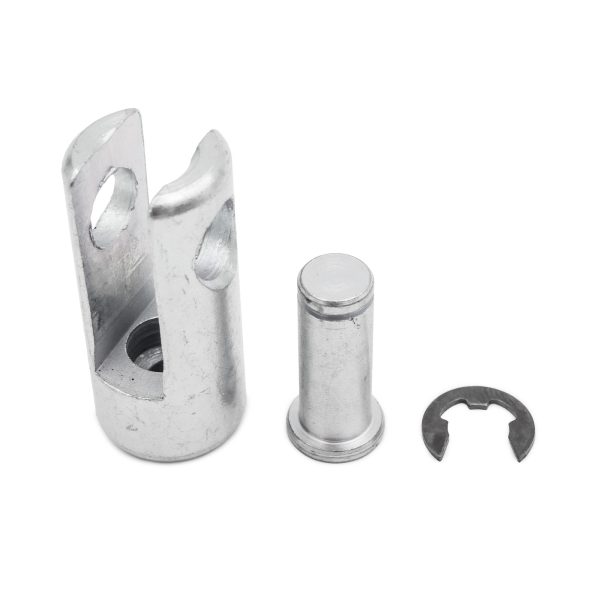 A Gym Cable 360 degree Swivel End with a metal clevis bracket, cylindrical pin, and C-shaped retaining clip shown on a white background.