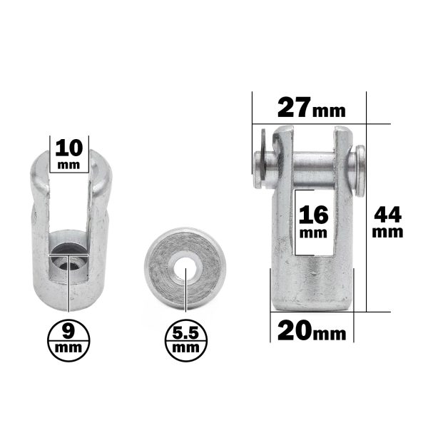 The Gym Cable 360 degree Swivel End features a metal clevis and pin with a 44mm height, 20mm width, and 16mm fork width. It includes a 10mm opened hole and a pin with a 9mm diameter and a 5.5mm hole.