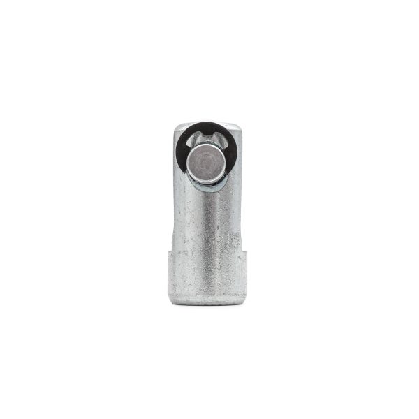 A Gym Cable 360 Degree Swivel End showcasing its cylindrical shape and hexagonal slot for secure attachment appears in front view. The silver finish reflects light, highlighting its smooth texture and precise construction.