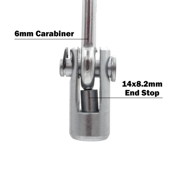 A close-up showcases a metal component from the Gym Cable 360 Degree Swivel End with a 6mm carabiner attached. Below is a labeled 14x8.2mm end stop, highlighting its dimensions and structure on a white background.