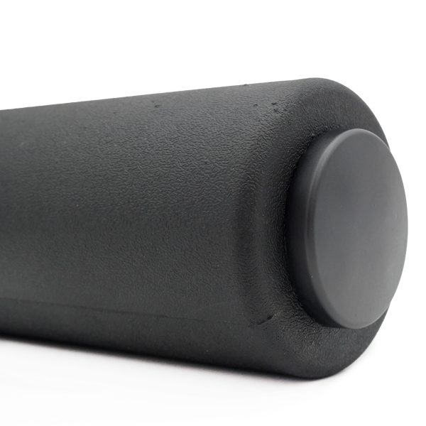 A close-up shows the Foam Roller Cover 65mm, a black textured cylindrical shape with a flat end for fitness and physical therapy. Set against a plain white background to highlight its details.