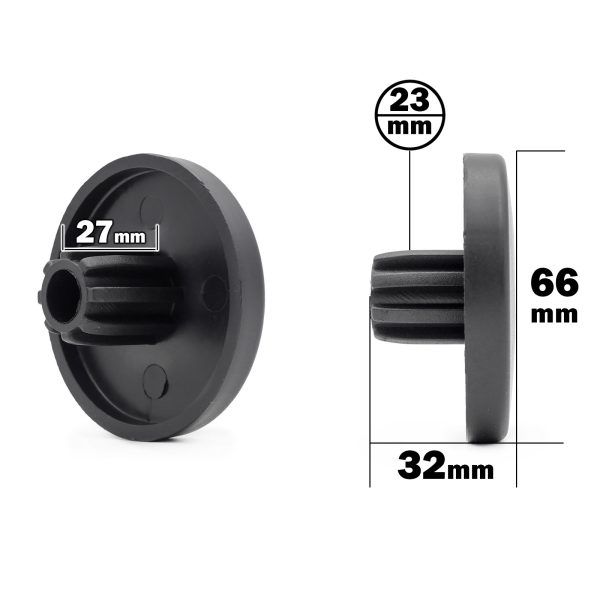 A black plastic round leveling foot features a ribbed center column with dimensions of 23mm external diameter (top view), 27mm internal diameter (bottom view), 32mm overall diameter, and a height of 66mm. It is not to be confused with the Foam Roller Cover, which is 65mm.