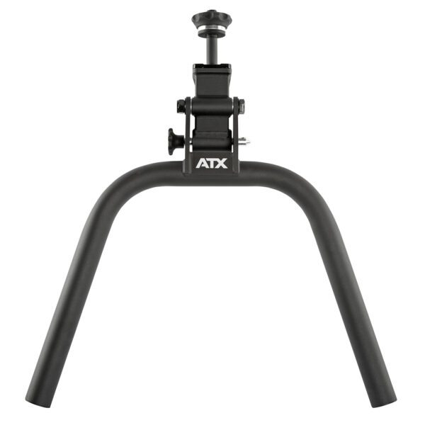 A black adjustable stand with a U-shaped base and a central support featuring a knob for tightening. The letters ATX are printed on the frame. The stand is designed for stability and versatility in supporting equipment.