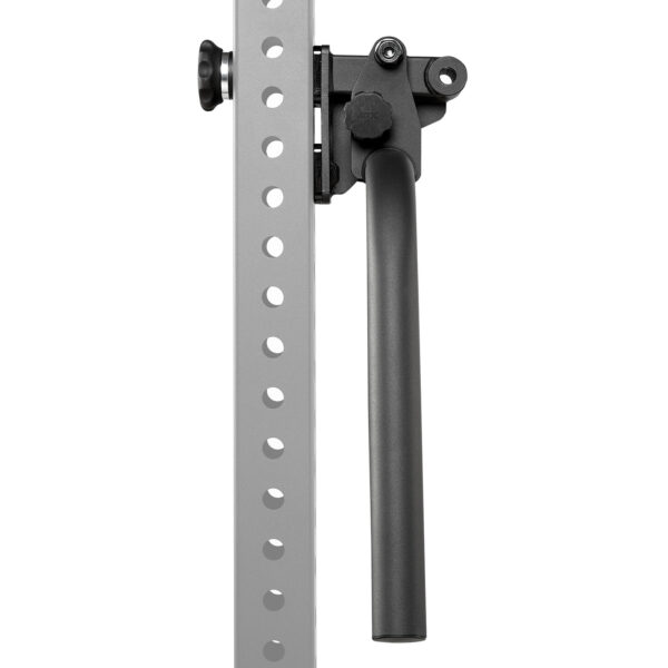 A black gym attachment with a handle is mounted on a vertical, perforated metal bar. The attachment is secured with a knob, and the bar has evenly spaced circular holes for adjustable positioning. The background is plain white.