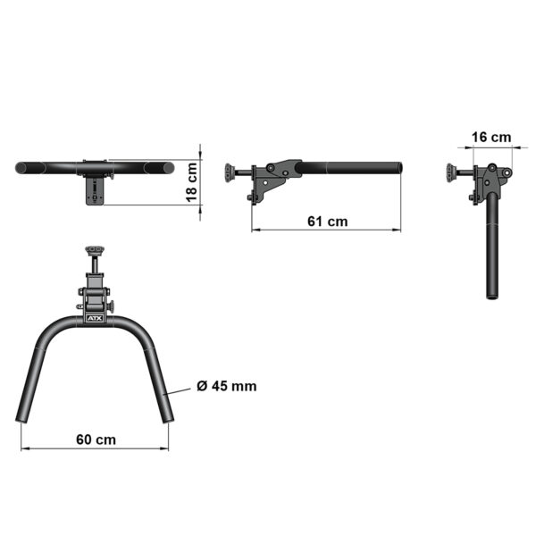 Diagram of a metal handlebar assembly with dimensions labeled. The main bar is 61 cm long and 18 cm wide, with a 45 mm diameter. Side view shows an attached bracket, also 16 cm in height. The full assembly width is shown as 60 cm.