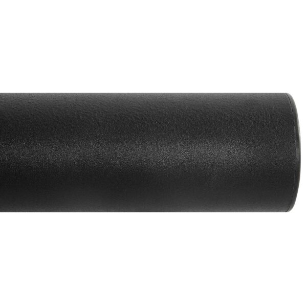 Close-up of a black cylindrical object on a white background. The texture appears smooth and slightly matte. The cylinder is cut off, showing only part of its length, with its end on the right side of the image.