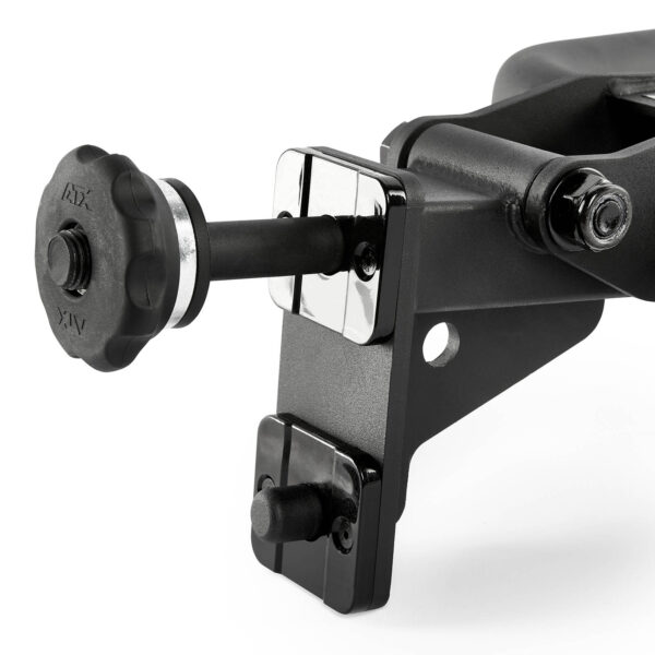 Close-up of a black, wall-mounted TV or monitor bracket with adjustable arm. The design includes a knob for tightening and two mounting plates, one with a screw hole. The metal surface has a matte finish.