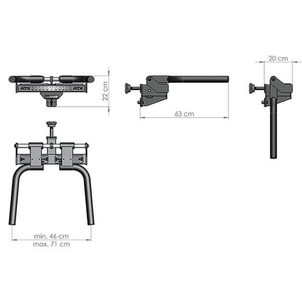 Diagram of a fitness equipment part, featuring three different views with dimensions. The front view shows a bar with grips, the side view displays a 63 cm length, and the top view highlights adjustable width from 46 cm to 71 cm.