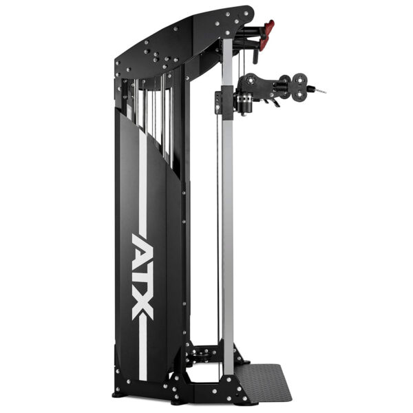 A black and silver ATX cable machine with adjustable pulleys and handles, designed for strength training. It has a sleek design with multiple weight stacks and a platform for standing exercises.