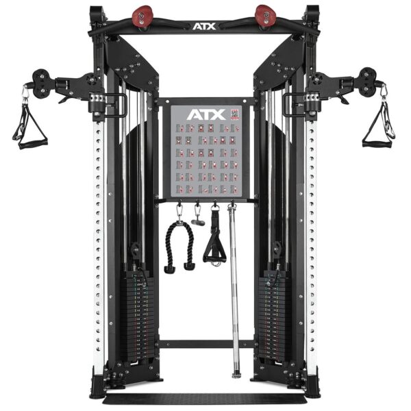 A black ATX functional trainer with dual adjustable pulleys, weight stacks, and multiple attachments including handles, ropes, and a straight bar. The machine is designed for versatile strength training exercises.