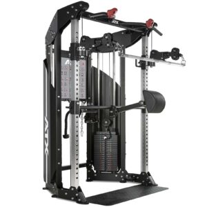 A multi-functional gym machine featuring a cable system with adjustable pulleys, weight stacks, and a chin-up bar. The equipment is black and silver with attachments for various strength training exercises.