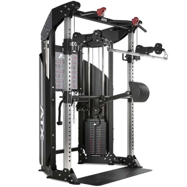 A multi-functional gym machine featuring a cable system with adjustable pulleys, weight stacks, and a chin-up bar. The equipment is black and silver with attachments for various strength training exercises.