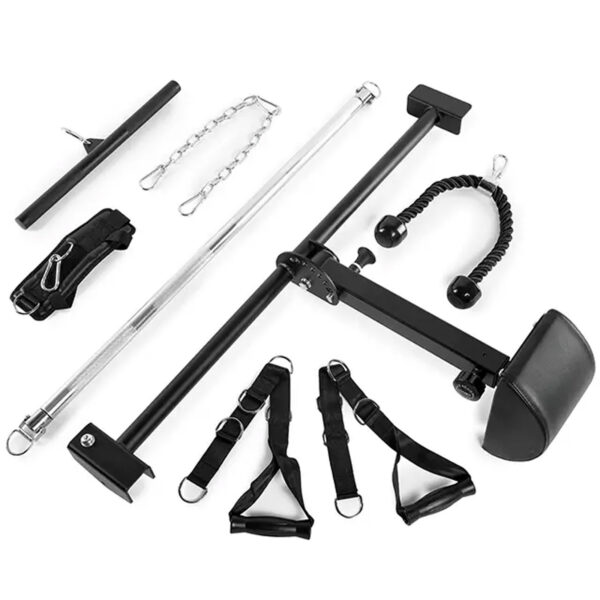 A set of home gym attachments and accessories, including a tricep rope, a straight bar, a V-shaped angled bar, two handles with straps, an ankle strap, and a chain link. They are arranged on a white background.