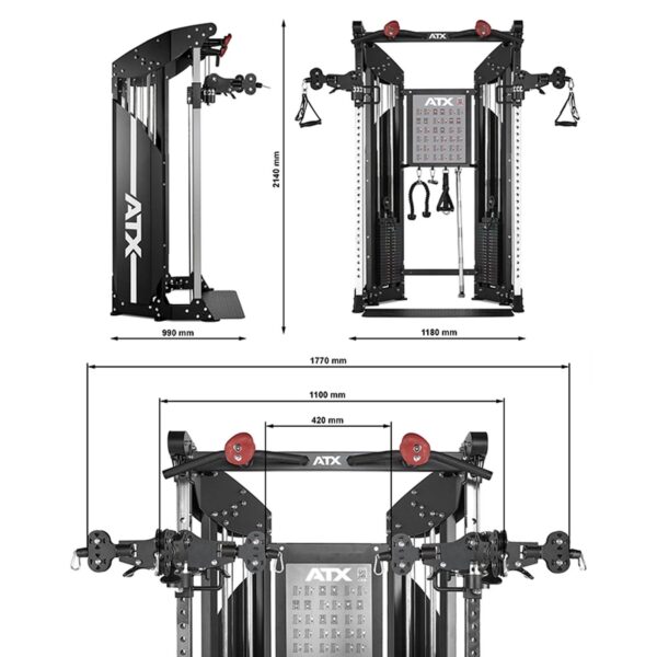 A multi-functional gym machine with adjustable pulleys and cables, featuring measurements for height and width. The black structure includes handles, weight stacks, and a central console, designed for various strength training exercises.