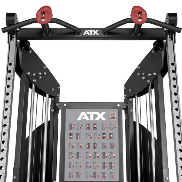 Close-up of a gym equipment structure with pull-up bars and handles. The machine has adjustable weights and an ATX logo, and features a chart illustrating different exercises.