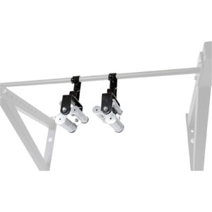 Close-up of two metallic-finished 3 Grip Chin Up Handles on a horizontal pull-up bar, ideal for strength training, attached to a partially visible workout apparatus.
