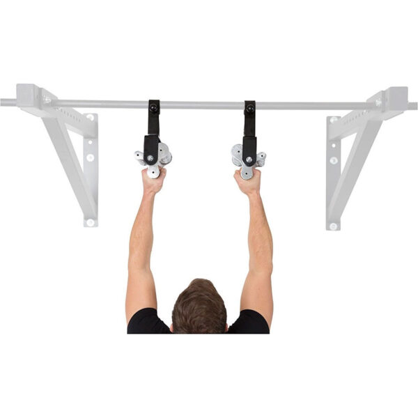 An individual uses the 3 Grip Chin Up Handle, attached to a wall-mounted structure. The image showcases their arms and the equipment from a rear view.