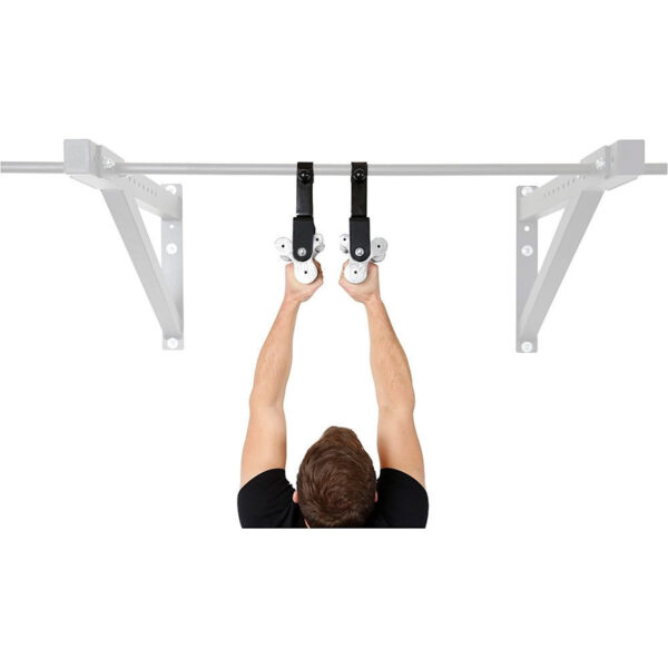 A person reaches for the 3 Grip Chin Up Handle, secured with metal brackets, highlighting the versatility of the workout equipment from an overhead view.