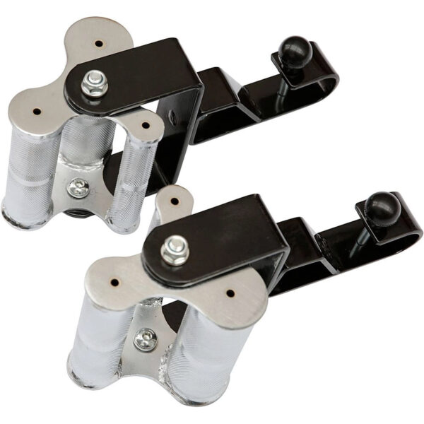 These squat rack J-hook attachments feature black U-shaped brackets, knurled silver grips, and secure cylindrical holders with bolts. Theyre perfect for weight lifting equipment. Pair them with the 3 Grip Chin Up Handle to enhance your workout experience.