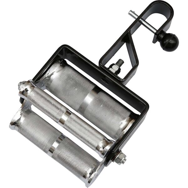 A metal pasta maker with three textured cylindrical rollers for dough processing, featuring a sturdy black clamp for secure table attachment, provides stability reminiscent of the 3 Grip Chin Up Handle, ensuring perfectly rolled dough every time.