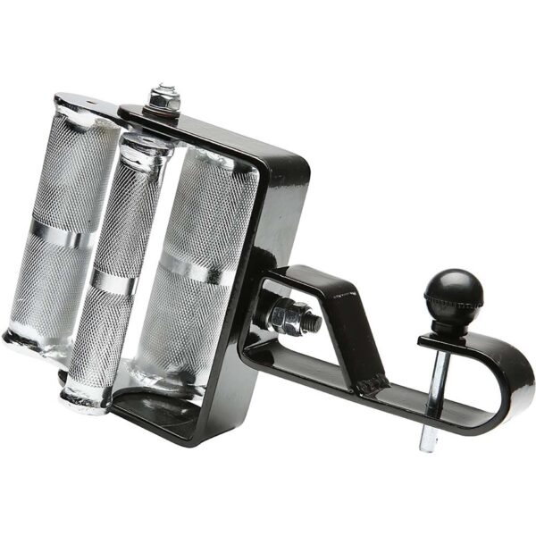 Close-up of a black metal line spooler with two aluminum cylinders for holding spools, similar to the 3 Grip Chin Up Handle. It includes an adjustable table clamp and a side tension knob.