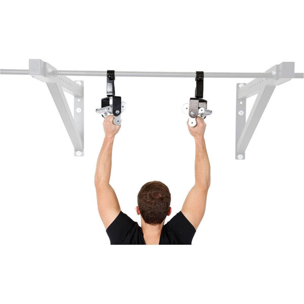Clad in a black shirt, a person demonstrates strength by using 3 Grip Chin Up Handles that glide smoothly on a ceiling-mounted pull-up bar supported by strong metal brackets.