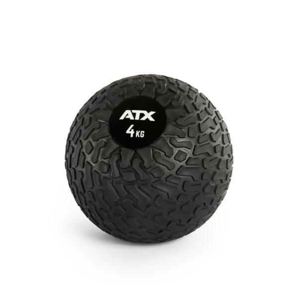 A black 4 kg ATX® Slam Ball, featuring a textured rubber surface for exercise and strength training, displayed on a plain white background.
