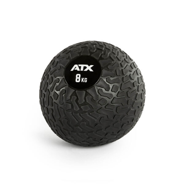 A textured black ATX® Slam Ball, labeled ATX 8 KG, designed for fitness and weight training, set against a plain white background.