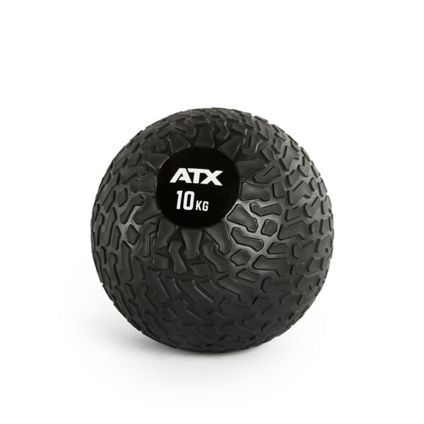 A textured ATX® Slam Ball, black with a center label showing 10 kg, rests on a white background.