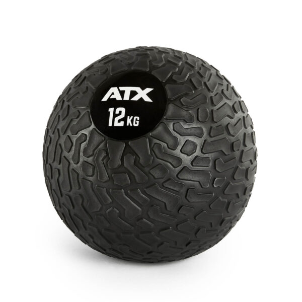 A black ATX 12 KG slam ball with a rugged, tire-like textured surface, ideal for fitness and strength training exercises.
