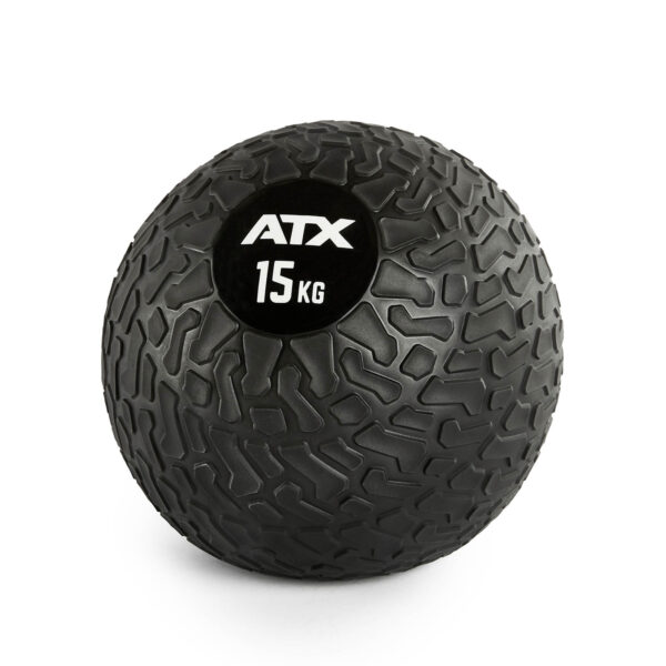 A black ATX® Slam Ball labeled 15 KG, featuring a textured surface for exercise and strength training, is placed against a white background.