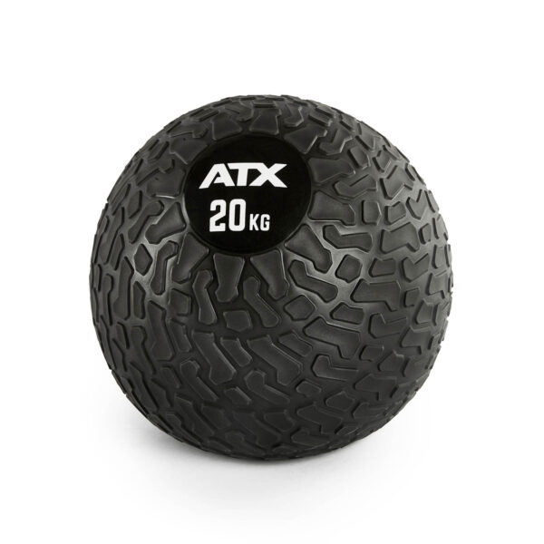 A black, textured exercise ball with ATX® Slam Ball 20 KG labeled on the surface.