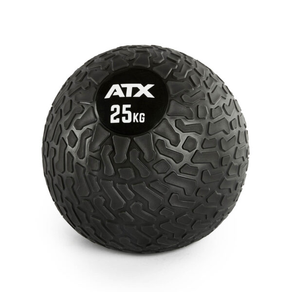 The ATX® Slam Ball, weighing 25 kg, features a black textured surface designed for fitness and strength training exercises.