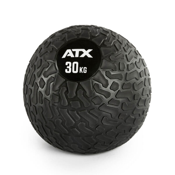 A black ATX® Slam Ball weighing 30 kg, featuring a textured tire-like surface, is placed against a white background with ATX and the weight printed in white on the front.