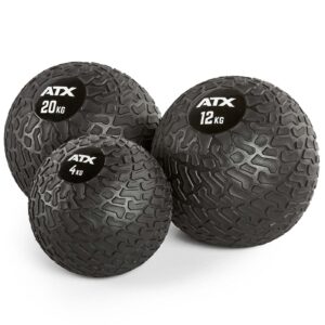 Three black ATX® Slam Balls, featuring white logos and weights of 4 kg, 12 kg, and 20 kg from left to right, with a textured pattern for enhanced grip.